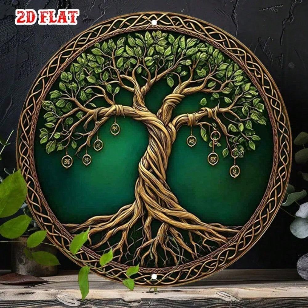 Vintage Green Gold Metal Wall Art Celtic Tree Sign, 2D Flat Aluminum Decor Heavy Duty For Living Room