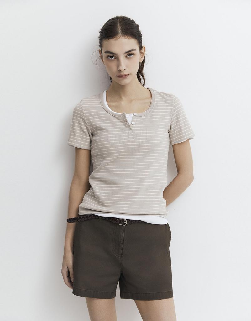 GIORDANO Ribbed Henley Neck Short Sleeve Tee 326525 [6 Colors]