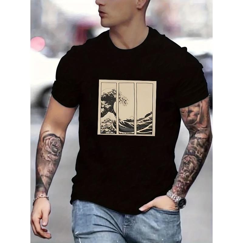 

[Men s Fashion T-Shirt] Men s Breathable Casual Fashion T-Shirt - Summer Collection, Stretchy & Comfortable with Unique Print Design, Round Neck S чёрный