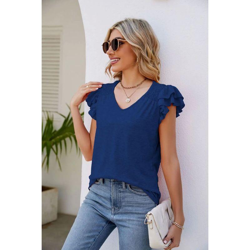 Solid Color V-neck Short-Sleeve T-shirt Solid Color and V-neck Pleated Short Sleeves T-shirt Women