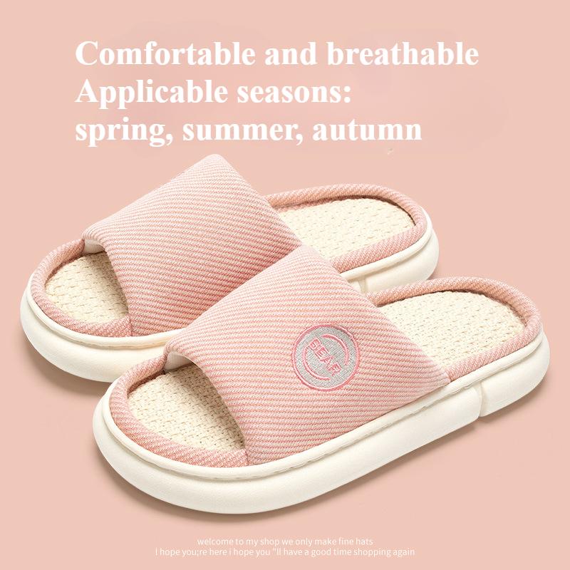 Linen Slippers for Indoor Home Use, Women's Four Seasons, Thick Soled, Non Slip, Silent, Breathable, Men's Outdoor Wear