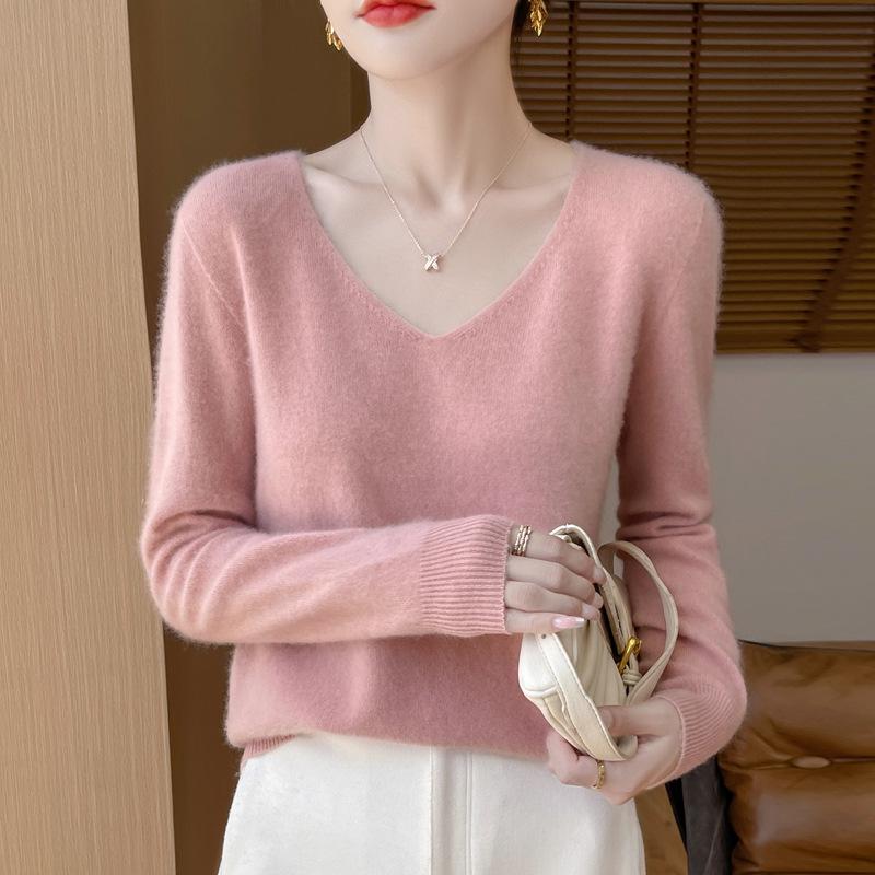 

Женский бесшовный свитер с V-образным вырезом из чистой шерсти - Свободный крой для осени/зимы Extra Large