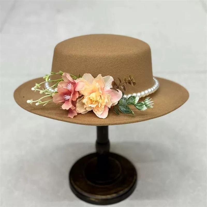 Dark Brown Faux Floral Felt Hat Wedding Hat Women'S Jazz Hat Panama French Elegant Felt Hat Somprero Mujer Chapeau Femme Luxe