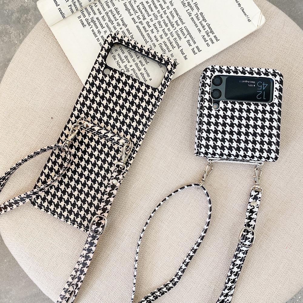 

Классический чехол для телефона из искусственной кожи с узором «гусиные лапки» для Samsung Galaxy Z Flip 3 5g с регулируемым ремешком через плечо