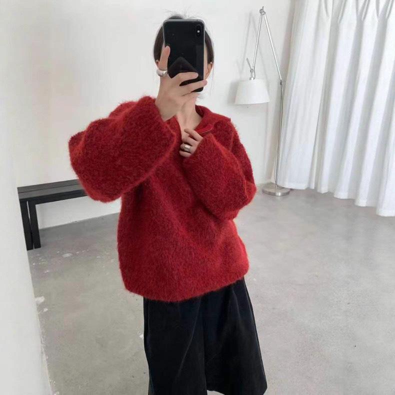 Korean Red Lambswool Brushed Half-Zip Hooded Knit Pullover Sweater for Women - Autumn/Winter Fashion.