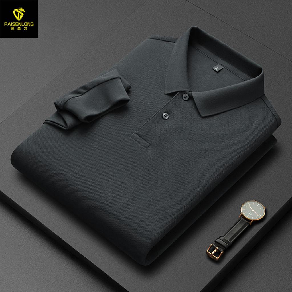 Autumn And Winter Lapel Slit Men'S Polo Shirt 100% Pure Cotton Hexagonal Beads Double-Sided Men'S Polo Shirt Long Sleeve