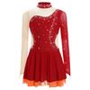 Girls Sparkle Rhinestones Figure Skating Costume Color Block Mesh Patchwork Long Sleeve Keyhole Back Dance Dress