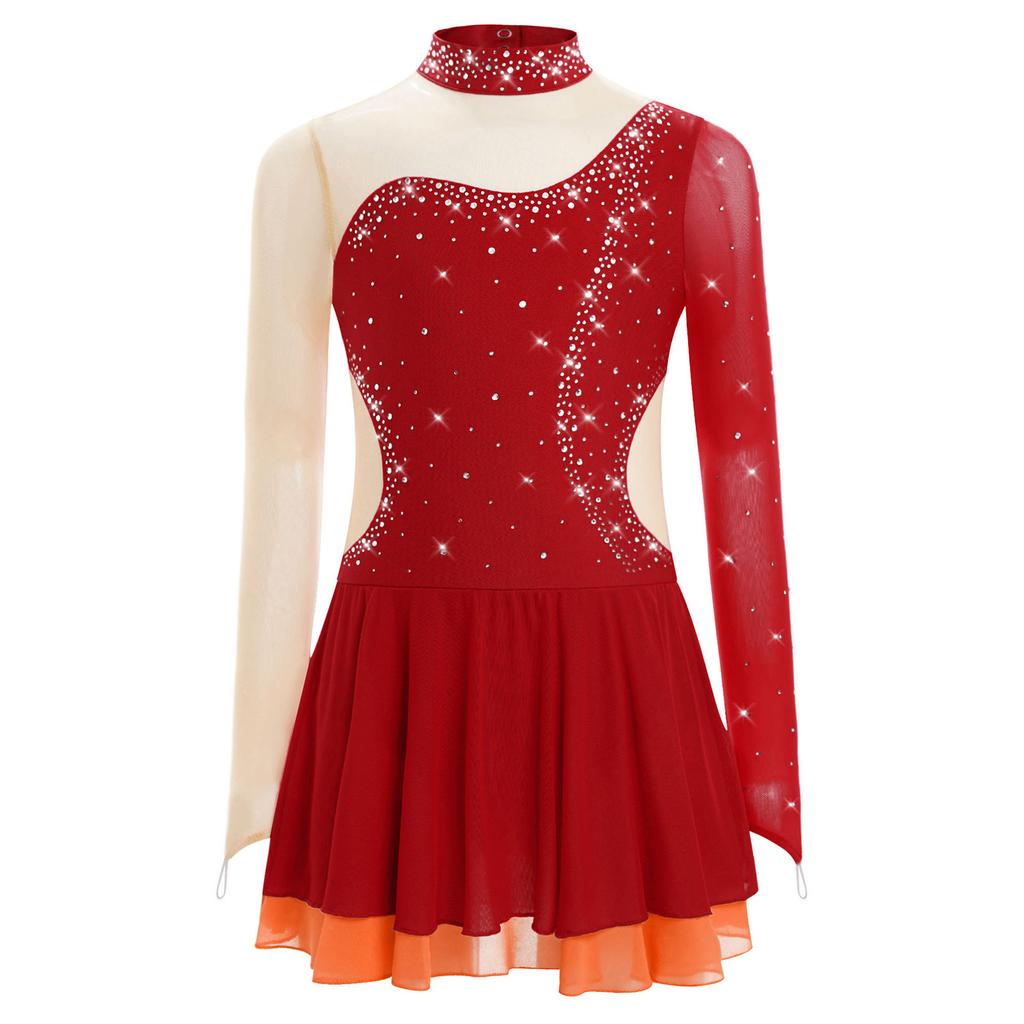 Girls Sparkle Rhinestones Figure Skating Costume Color Block Mesh Patchwork Long Sleeve Keyhole Back Dance Dress