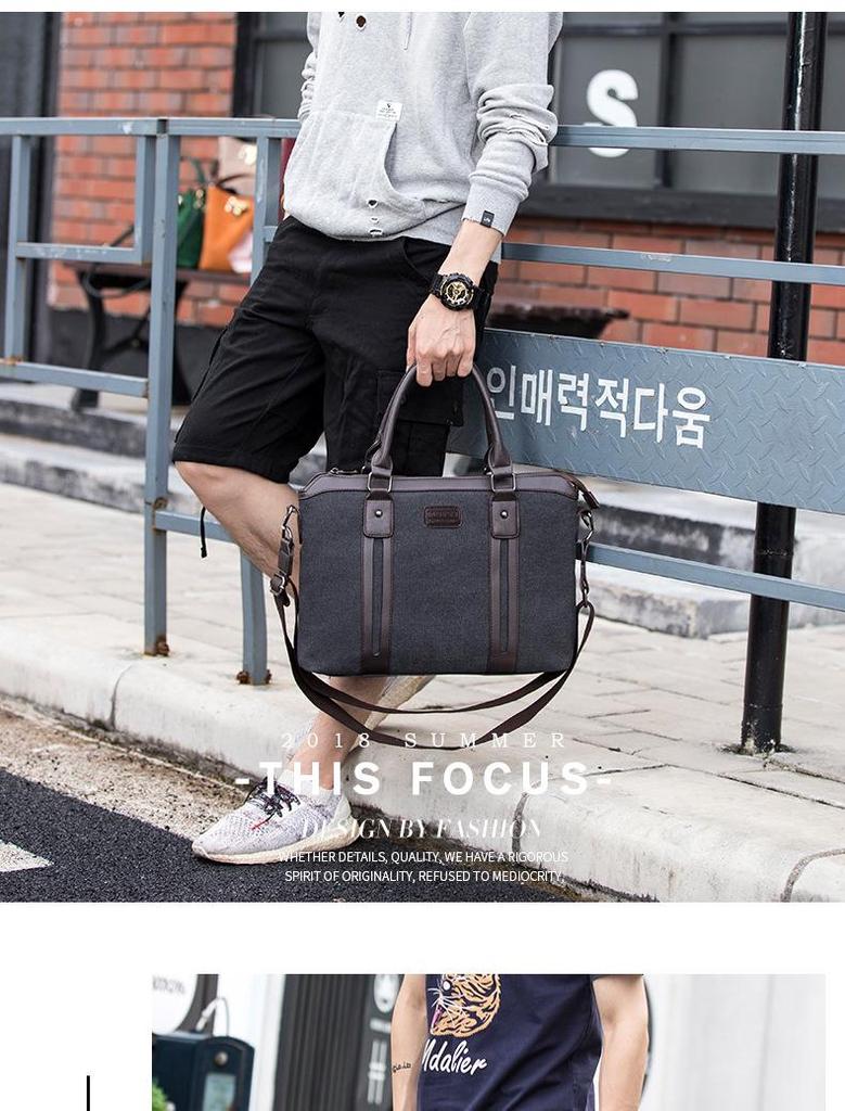 Men's Classic Canvas Business Briefcase: Horizontal Shoulder Bag with Cowhide Accents for Laptop and Daily Use