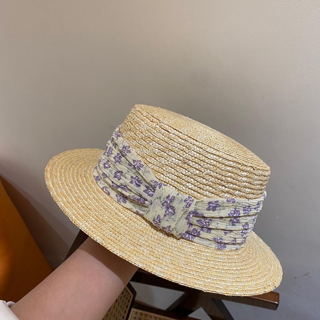 High-end Straw Straw Hat, Flat Top, Small Brim, Floral Summer Visor Hat, Women's Photo Vacation Fashion Sun Hat