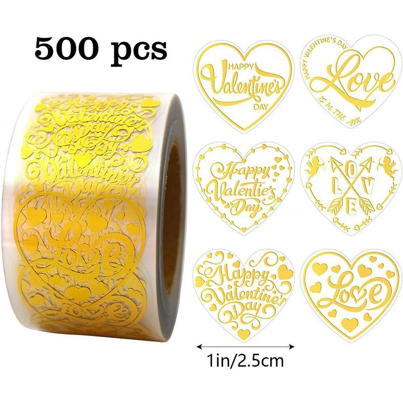 500Pcs Per Roll Gold Foil Transparent Valentine s Day Heart Cute Design Stickers Gift Wrapping Sealing Decoration Stickers 5.1X5.1X2.7CM золотой