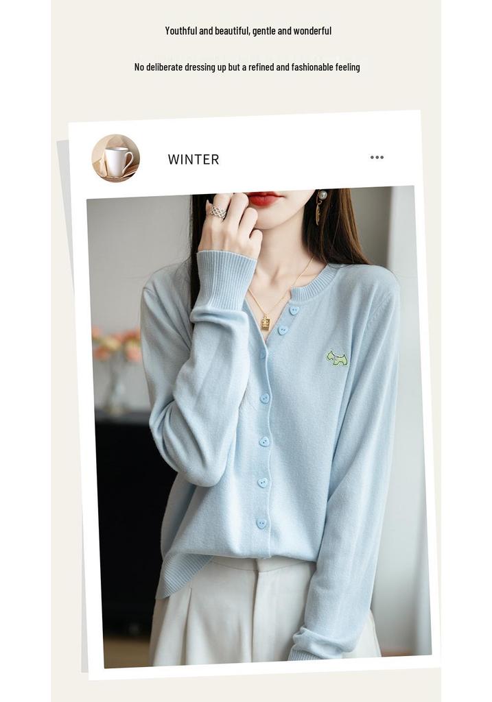 2025 Early Autumn Slimming Embroidered Cardigan - Women's Long Sleeve Notched Collar Knitwear