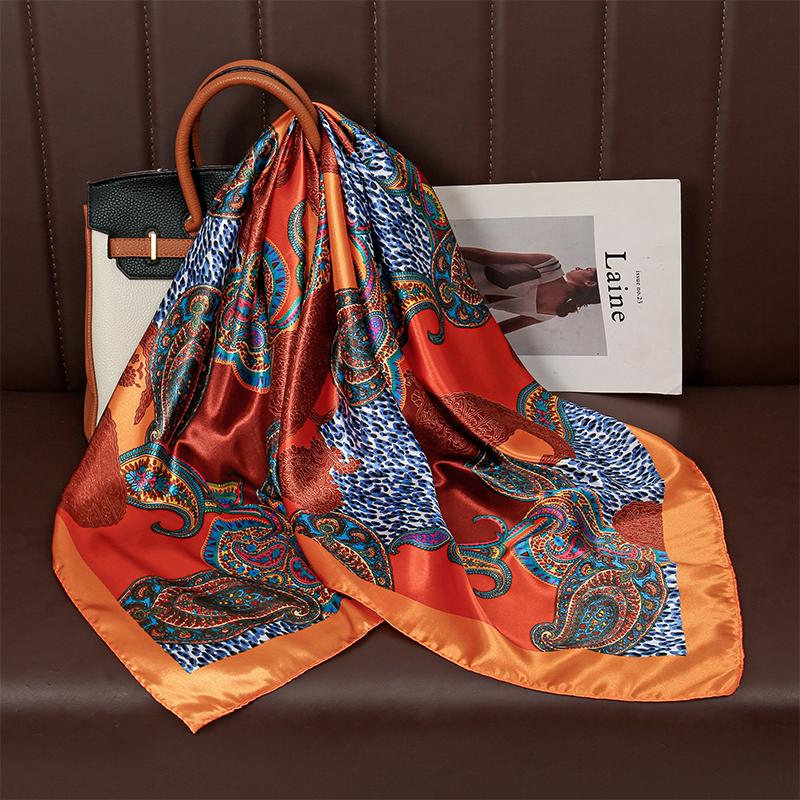90cm Silk Satin Square Scarf Women Print Shawl Wrap Hijab Warm Bandana Hair Band Foulard Headkerchief Beach Stoes Echarpe
