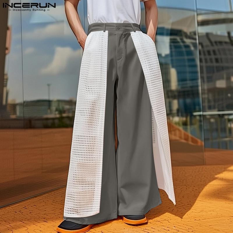 

INCERUN Men Zip-up Waist Netyarn Layers Patchwork Casual Long Wide Legs Pants Trousers 5XL сірий колір