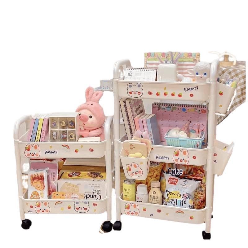 Large Capacity Multi-Layer Snack and Storage Trolley - Movable, Cream Style, Ideal for Dormitory or Bedside Use