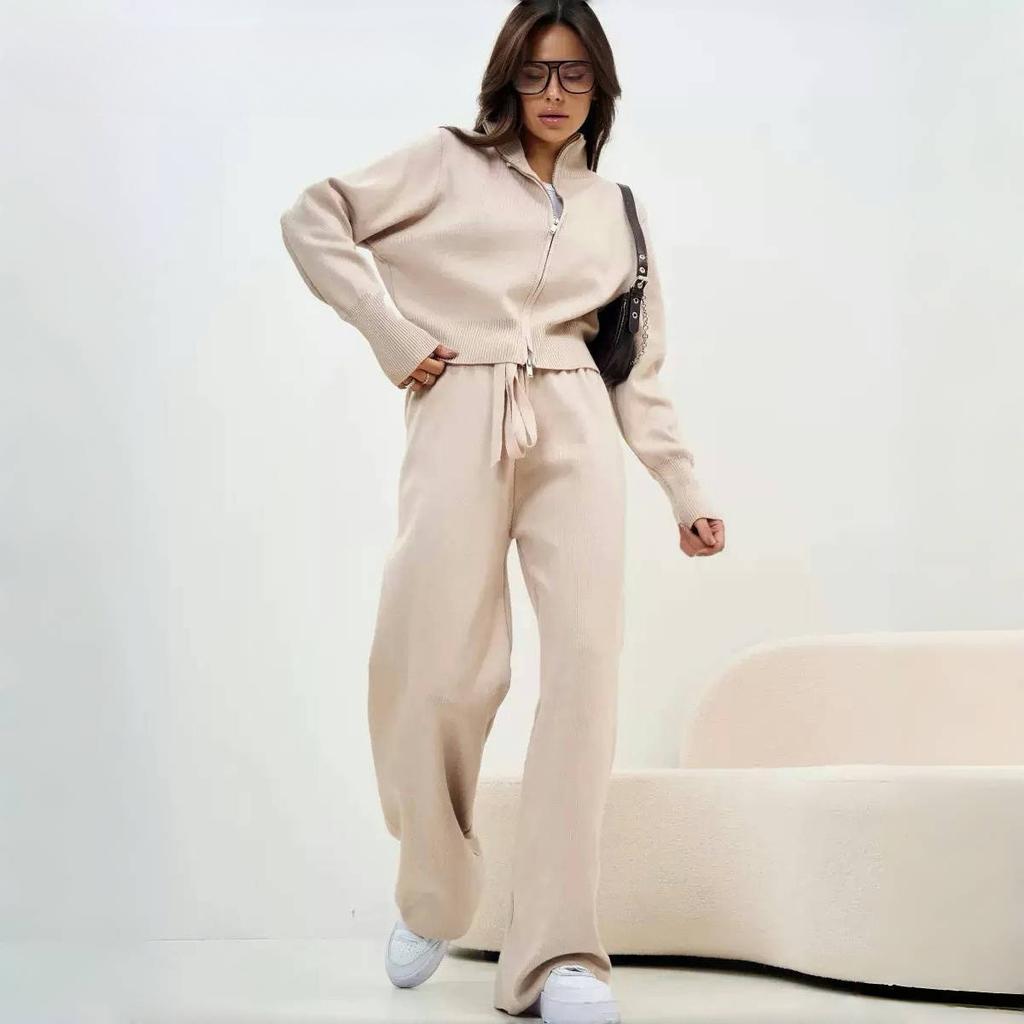Fall New Fashion Long Sleeve Zipper Sweater Cardigan Long Pants Athletic Two Piece Casual Cardigan Set Women