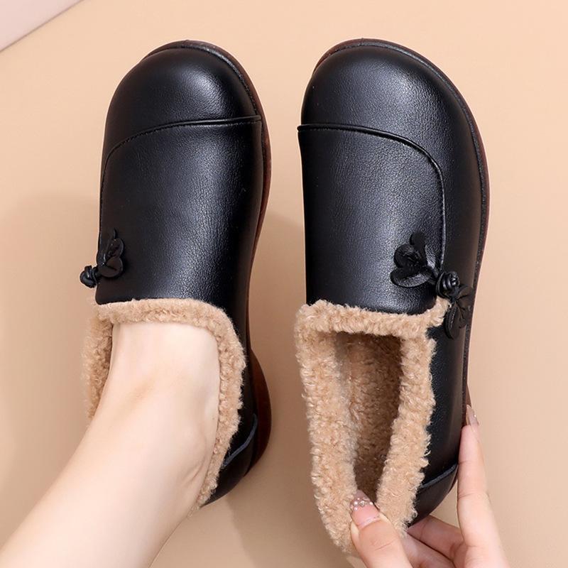 Winter Velvet Beanie Shoes Women's Soft-soled Leather Shoes One Pedal Fluffy Shoes Mother Shoes Cotton Shoes Middle-aged and Elderly Velvet Winter