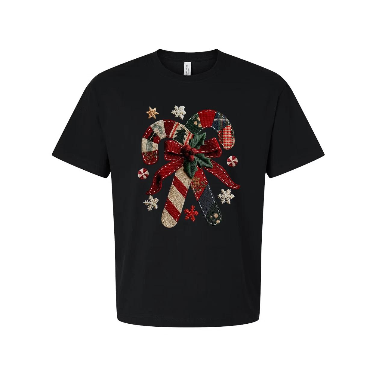 

Unisex Christmas Candy Cane Bow Graphic T Shirt With Plaid Red Green Holiday Des S