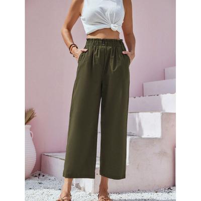Pantaloni casual drepți cu talie înaltă de vară pentru femei, culoare uni, bumbac și in, pantaloni nouă minute