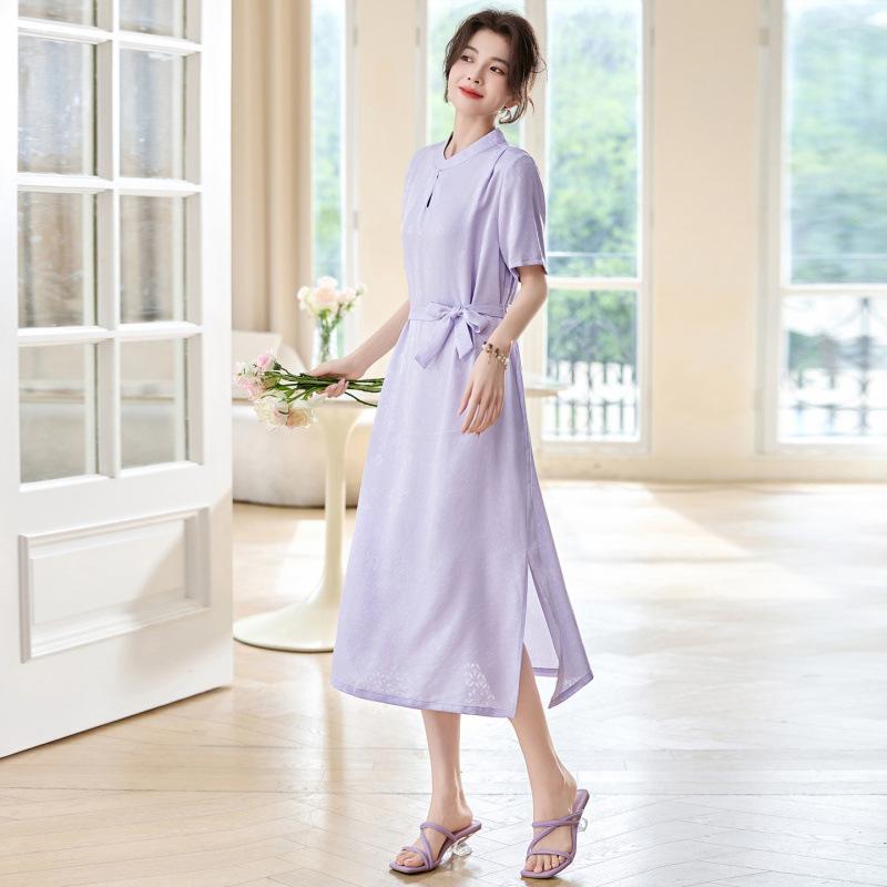 Hualuo Silk Dress Fashion Print Lace-up Waist Silk Dress Women's Split Mulberry Silk Dress