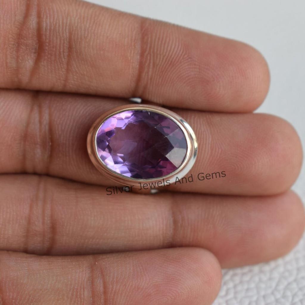 Natural Amethyst Ring, Handmade Ring, 925 Sterling Silver Ring, Oval Checker Amethyst Ring, February Birthstone Ring, Birthday Ring