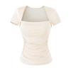 T-shirt da donna a maniche corte con scollo quadrato plissettato, nuova per l'estate, stile American Spice Girl, tinta unita, con tasca porta-coppette sul petto, top base a spalla