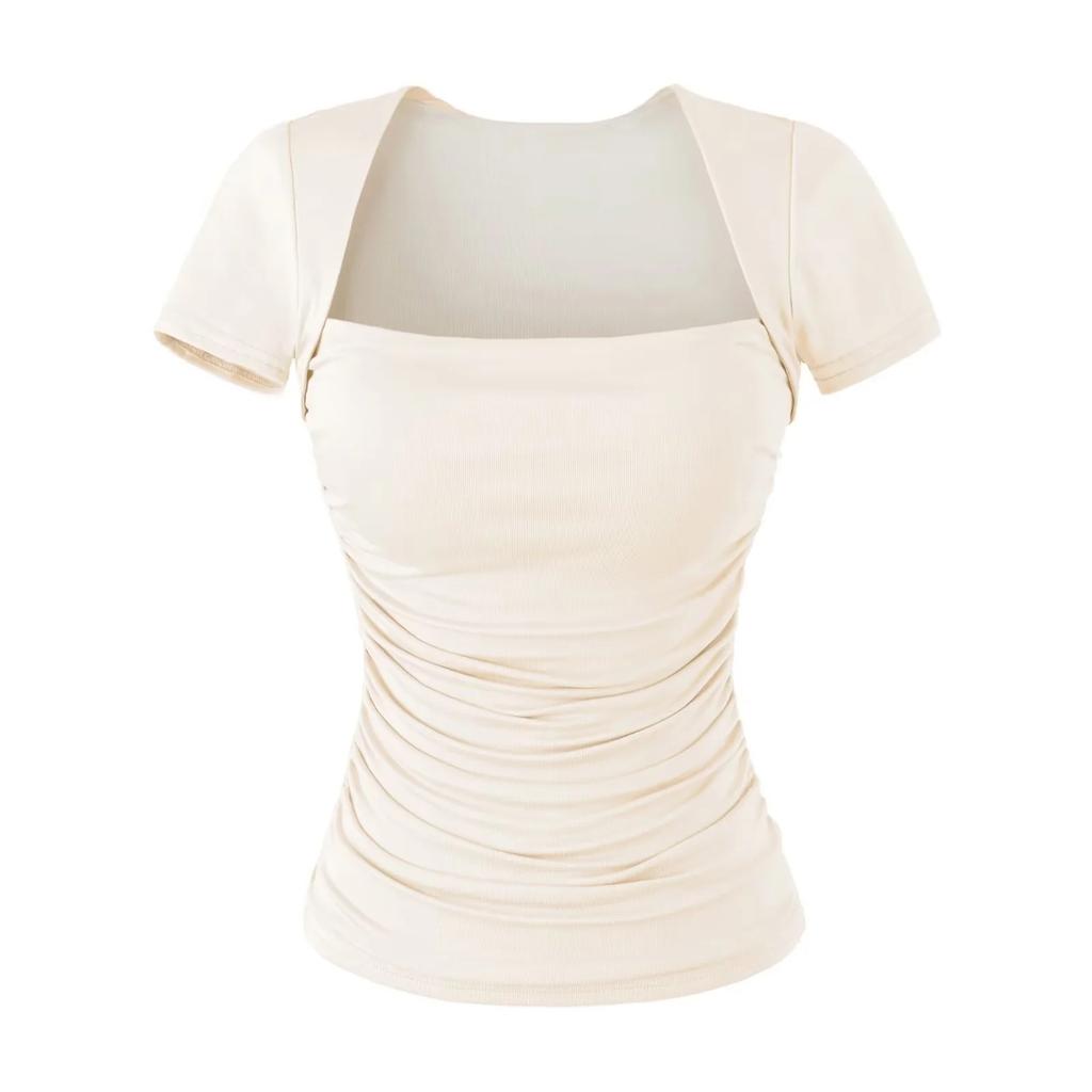 T-shirt da donna a maniche corte con scollo quadrato plissettato, nuova per l'estate, stile American Spice Girl, tinta unita, con tasca porta-coppette sul petto, top base a spalla