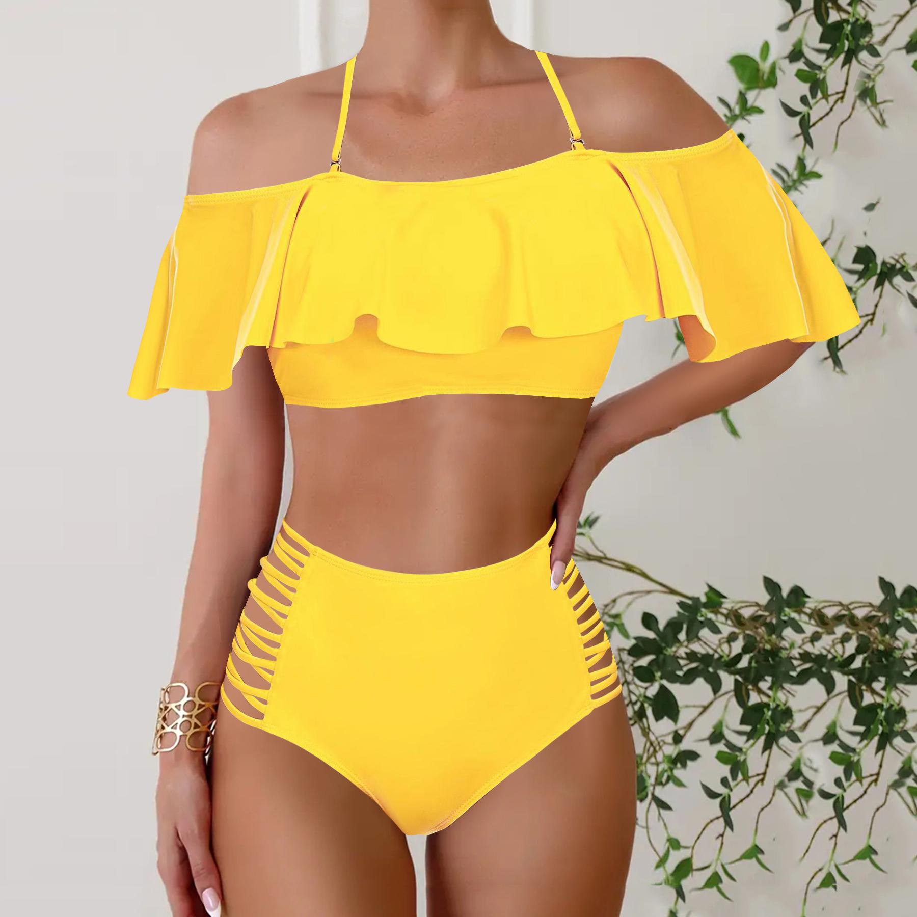 

Плюс Размер Женская мода сексуальный круглый вырез часть бикини комплект облегающий пляжный купальники комплект из двух частей 4XL жёлтый