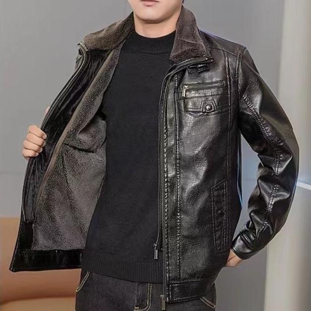 Winter Warm Leather Jacket for Men Fleece and Thickened Coat Casual Loose Warm Double-neck Top