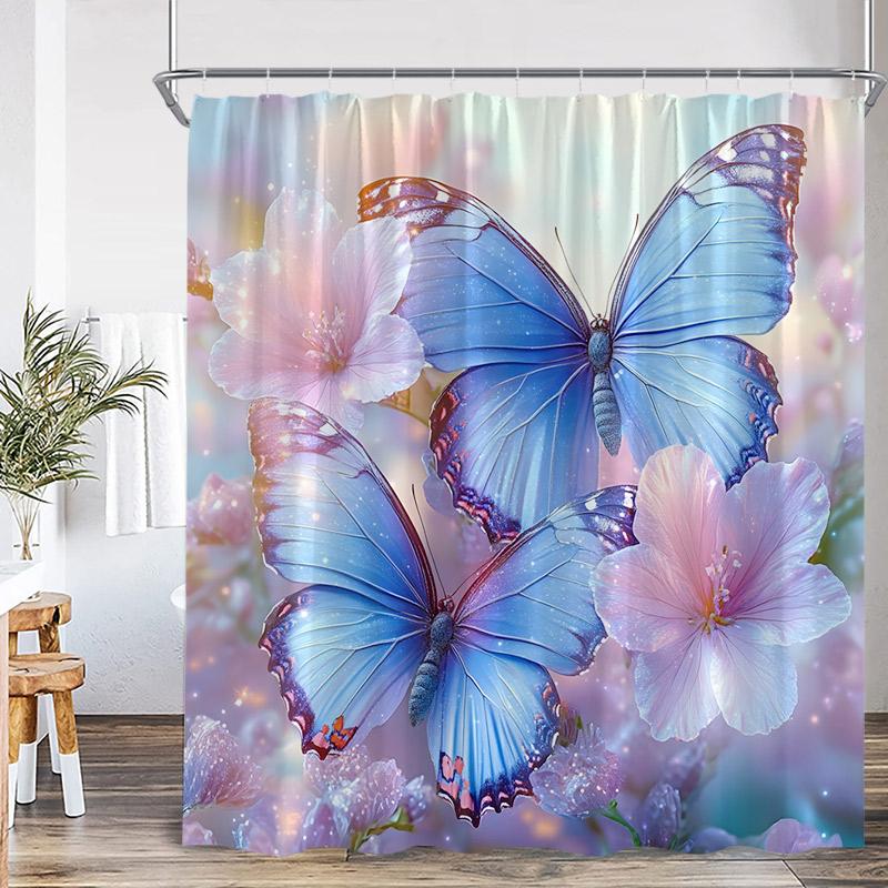 Floral Butterfly Shower Curtains Vintage Paris Tower Butterflies Watercolour Pink Purple Flowers Bath Curtain Bathroom Decor Set