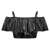 Girls Dancewear Off Shoulder Sleeveless Metallic Ruffle Crop Top and Shiny Tutu Skirt for Stage Competition Party Wear