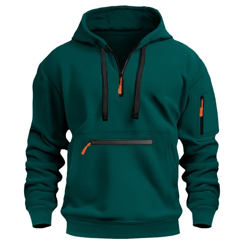 Men's Fleece-Lined Multi-Pocket Hooded Sweatshirt - Casual Sports Style for Autumn/Winter