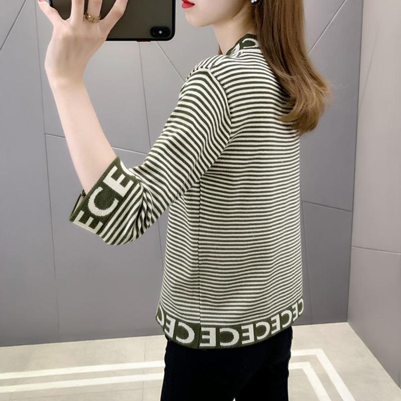 Slim Three-quarter Sleeve Mercerized Cotton Letter Half Turtleneck Sweater T-shirt Top for Women Spring and Autumn Korean
