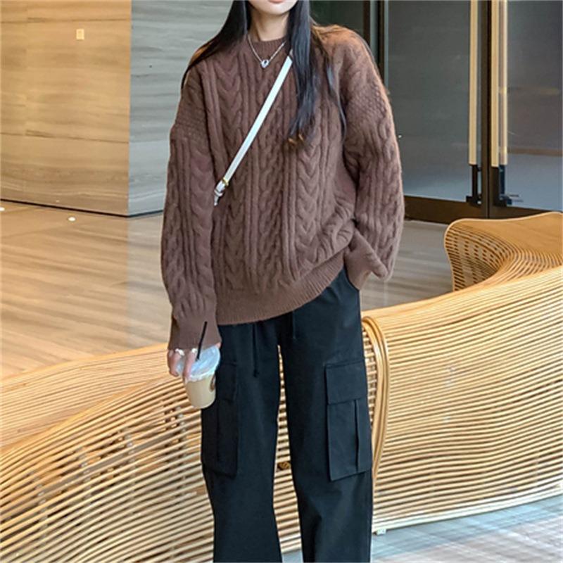 Autumn and winter new retro twist pullover sweater women's loose fashion simple versatile knitted top trendy