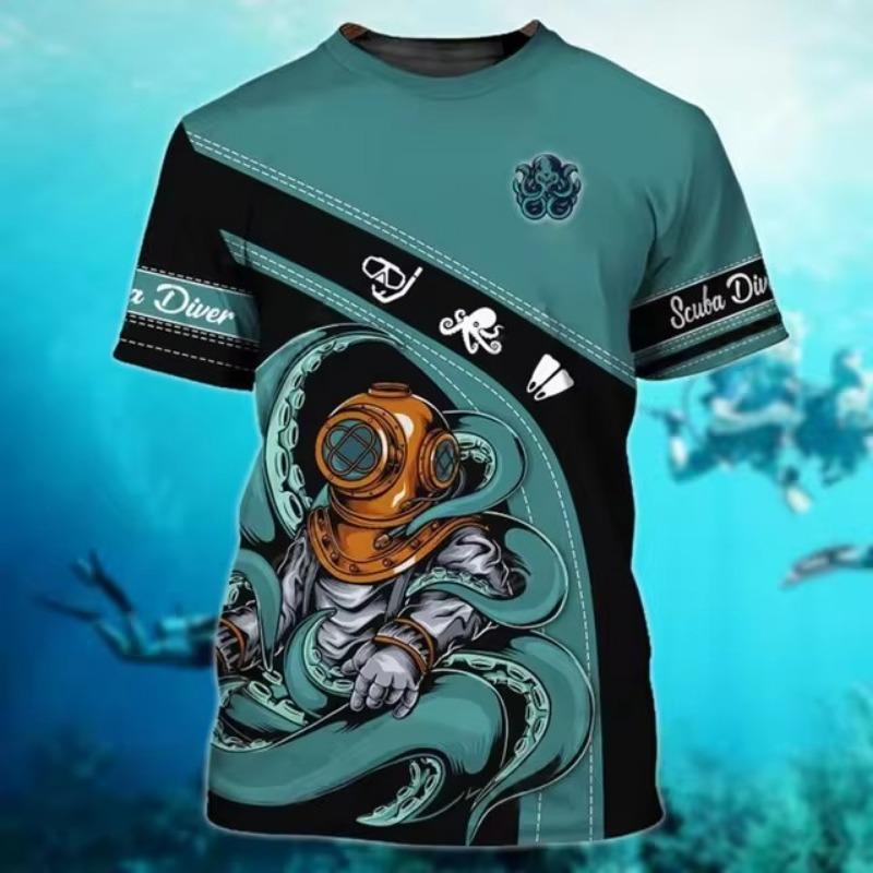 Men'S New Summer 3d Printing Hd Printed O-Collar Short Sleeve T-Shirt Ocean Octopus Art Personality Retro Plus Size Loose Top