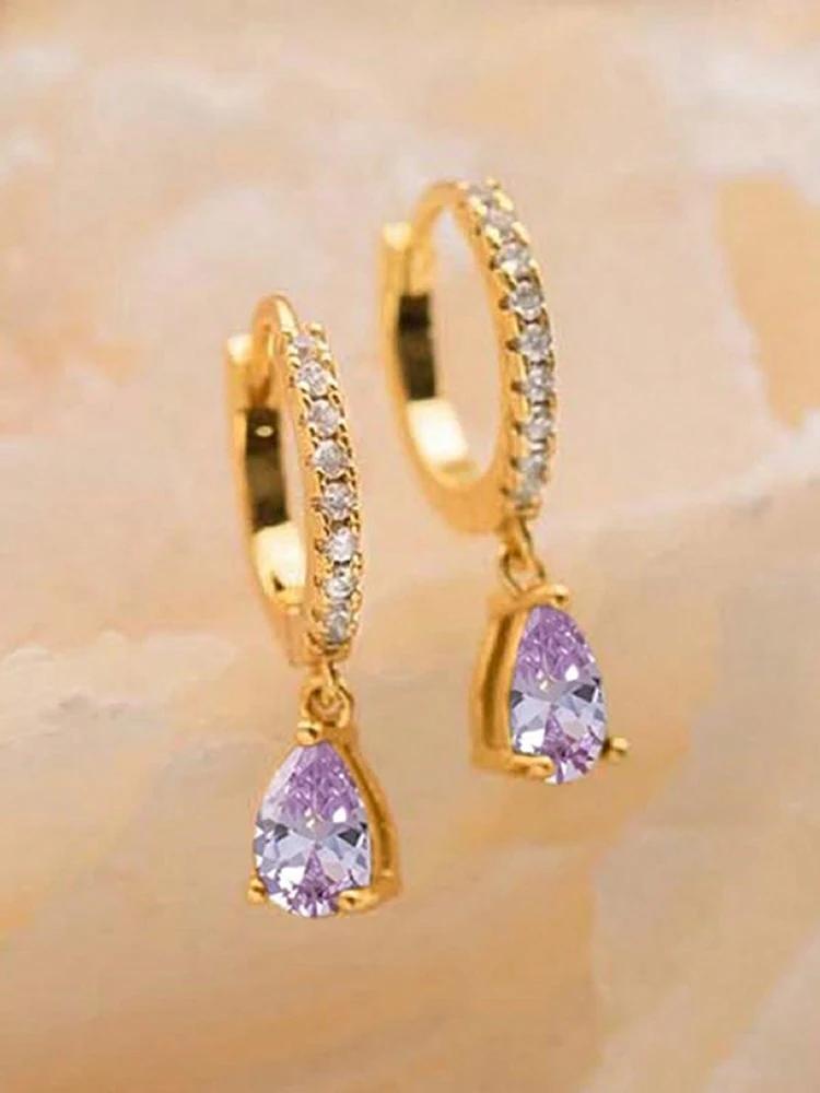 Copper Colorful Zircon Simple Fashion Water Drop Hoop Earring For Women Dating Partyt High Quality Fine Jewelry