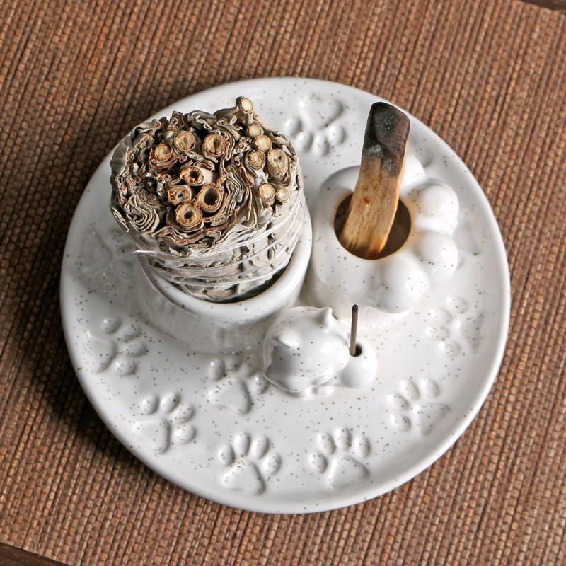 Ceramic Incense Burner Cat Tray Candle HolderPalo Santo Smudge Bowl Aromatherapy Decor Incense Burner for Meditation Room Decor