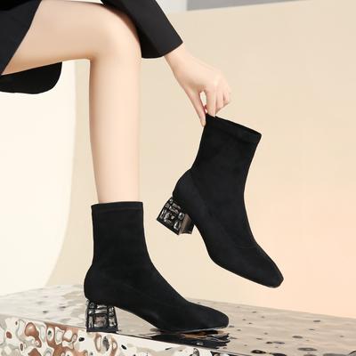 Fashion 2024 Autumn/Winter New Low Tube Soft Face Fashion Boots Water Diamond Thick Heel Flying Weaving Square Head Short Boots