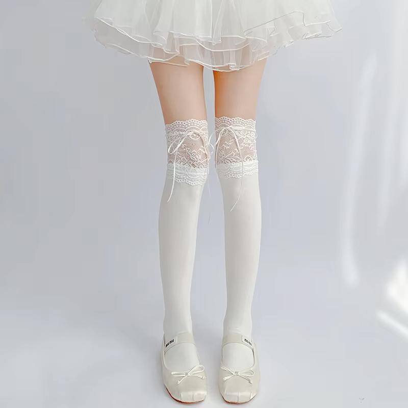 

1/2pairs White Lace Lace Tied Ribbon Velvet Over Knee Socks Lolita Cute Sweet Calf Socks Women s Mid-Leg Kawai Thigh High Socks One Size бежевий