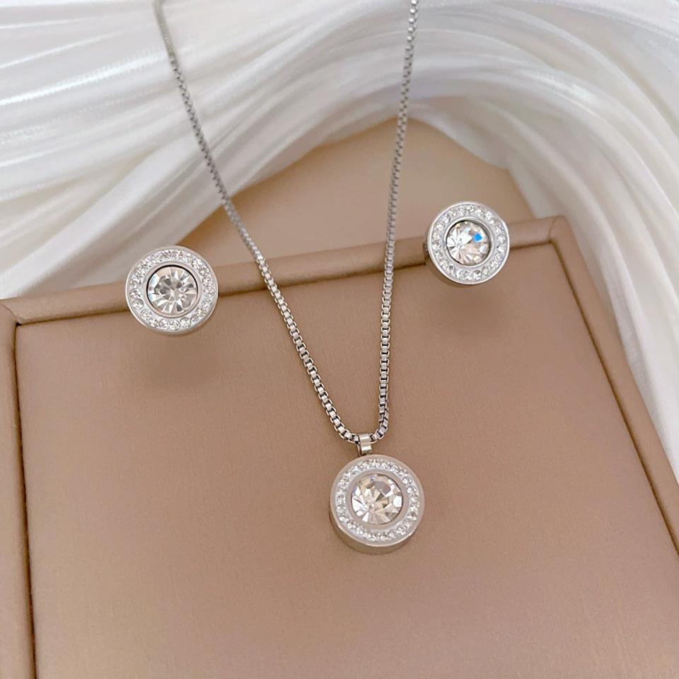 ZAKOL Shiny Crystal Zircon Round Pendant Necklace Earrings for Women Exquisite Stainless Steel Chain 2 Pcs Zircon Set