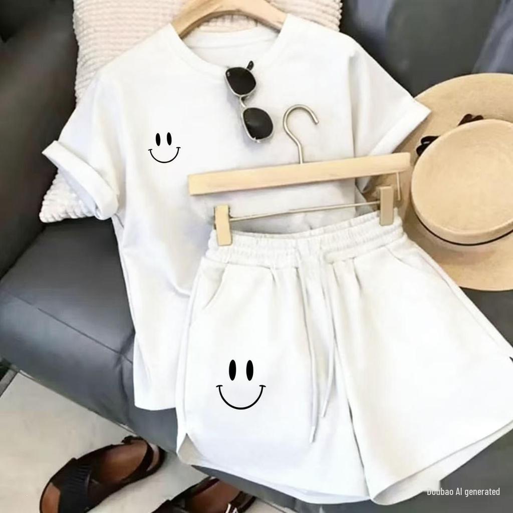 Bestselling Casual Letter Print Sportswear Set with Round Neck, Short Sleeves, and Drawstring Shorts - Perfect for Home or Outings