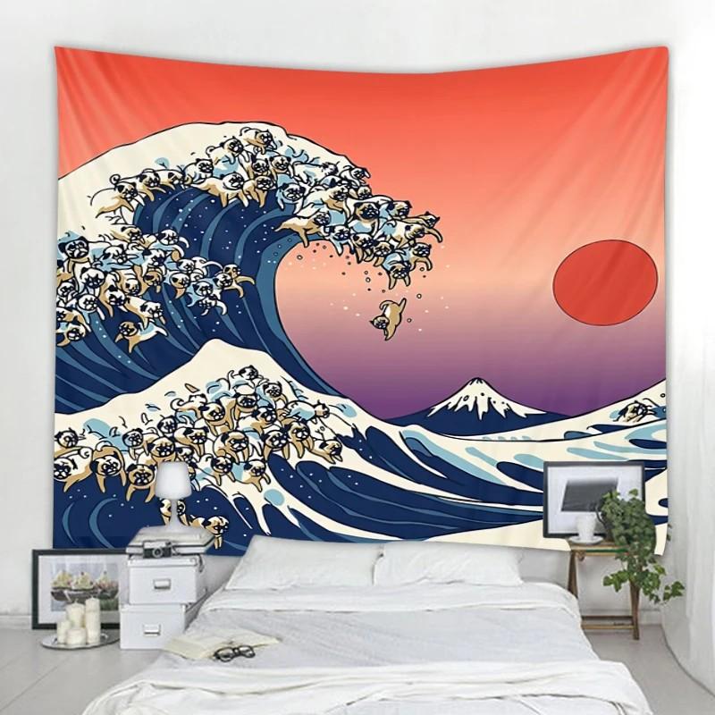 VIKAMA Meereswellen Wandteppich Ukiyoe Kreative Anpassung Kinderzimmer Spielzimmer Café Den Einfach zu Installieren Lustige Wanddekoration