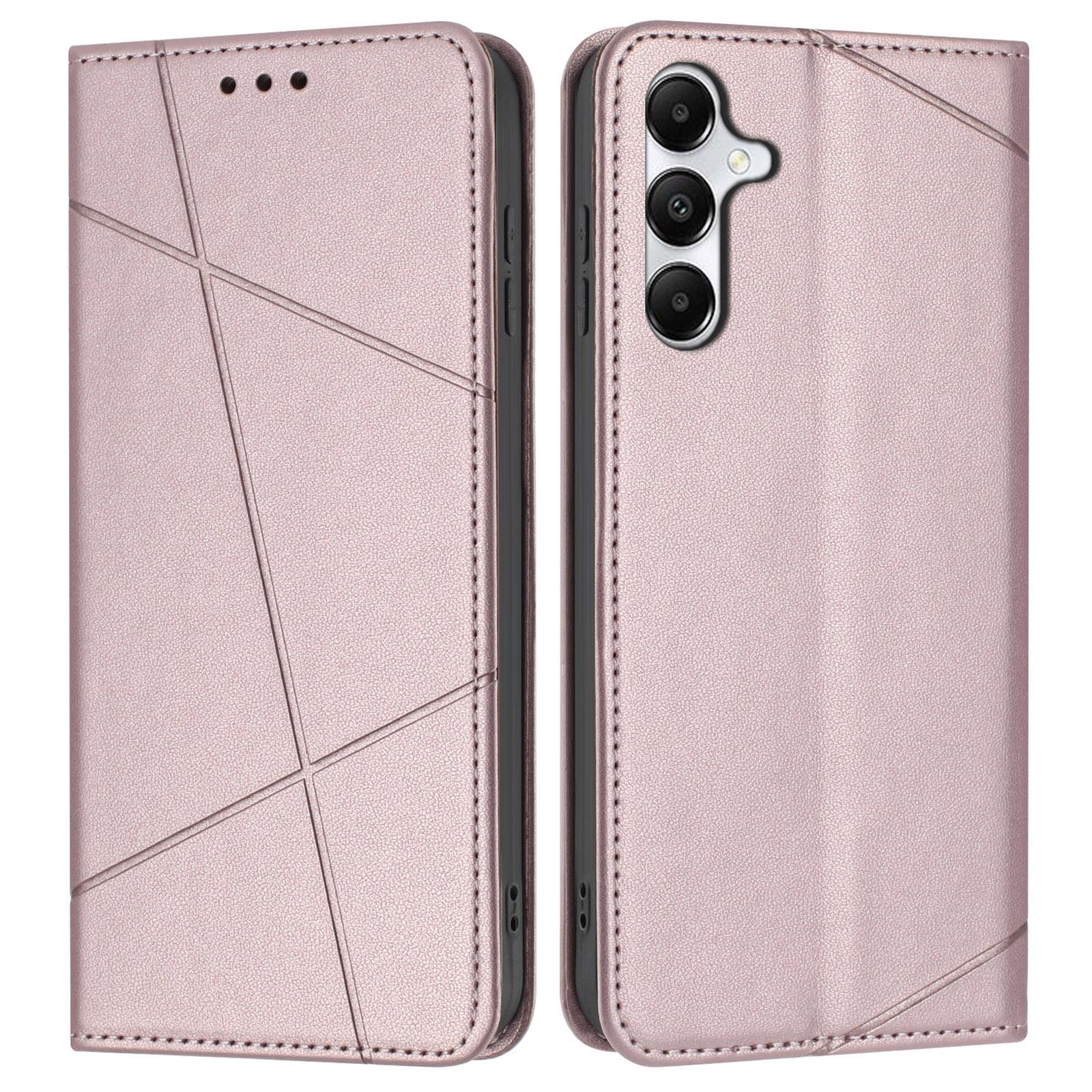 

For Samsung Galaxy A35 5G Wallet Case Line Imprinted Leather Stand Phone Cover with Wrist Strap Rose Gold
