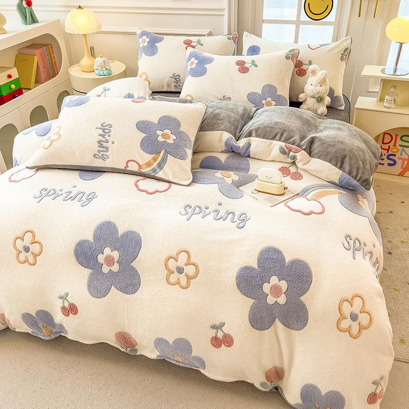 Winter Milk Fleece Bedding Four-piece Set Double-sided Fleece Thickened Sheets Quilt Cover Pillowcase