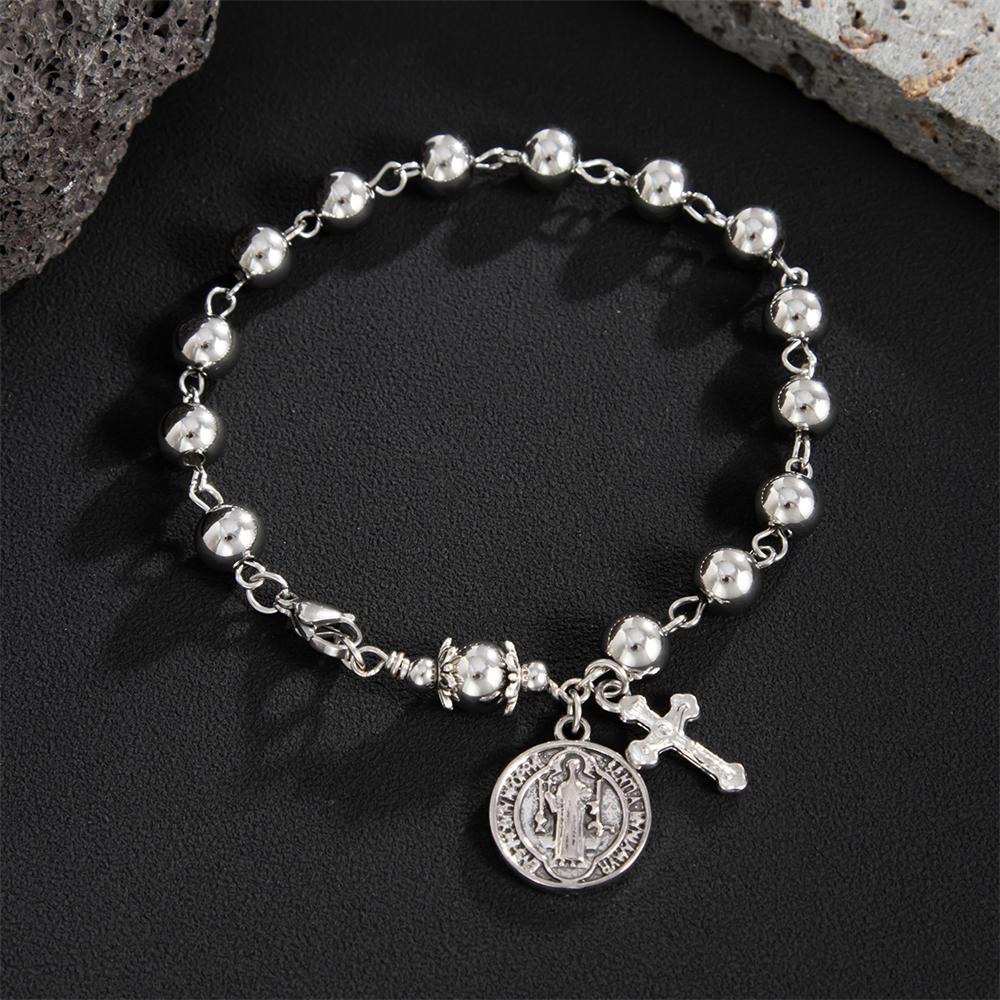 Fashionable Stainless Steel Round Bead Men's Hip-hop High-end Cross Pendant Men's Bracelet Handmade Charm Jewelry