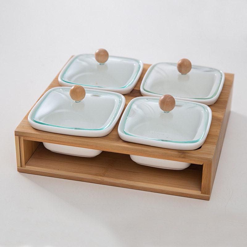 Vassoio per Snack in Bambù Stile Nordico con Coperchio in Vetro e Piatto in Ceramica