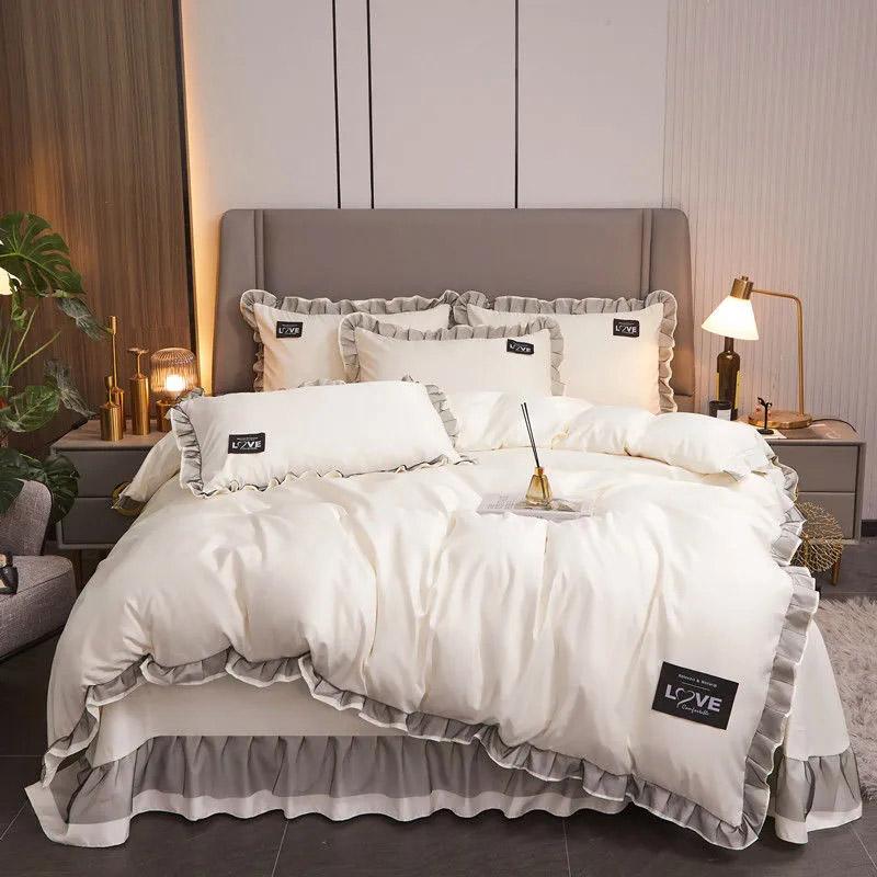 Koreanisches seidiges, nacktes Schlaf-Vierteiler-Set, einfarbig, Frühling/Sommer, Spitzen-Bettbezug, Bettrock-Set, hochwertige Heimtextilien, Doppelbett-Bettwäsche-Sets