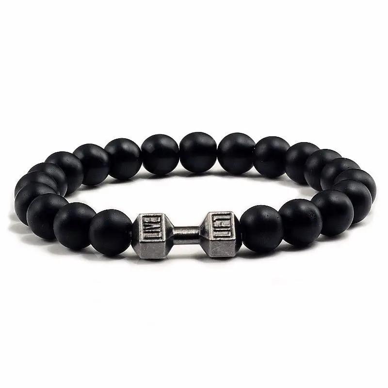 Pulsera Hombre Men Beaded Bracelet Natural Lava Stone Dumbbell Charm Bracelets Energy Fitness Barbell  Women Jewelry