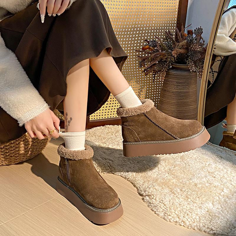 Klobbig Platå Plysch Ankelstövlar Kvinnor Vinter Halkfria Tjocka Plysch Snöstövlar Kvinna Faux Mocka Håll Varma Bomullsfodrade Skor