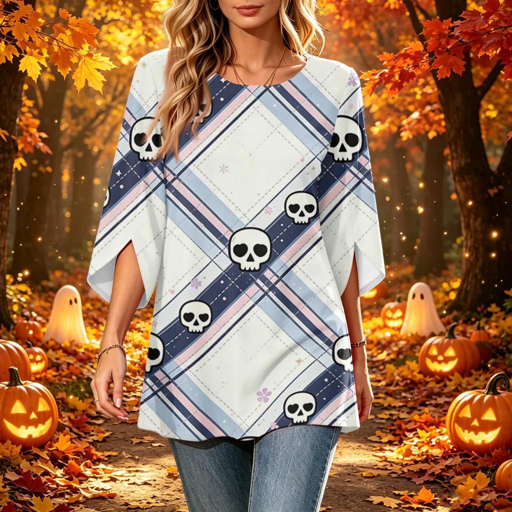 Women's Halloween Print Casual Top, Round Neck, Three-Quarter Sleeve, Loose Fit